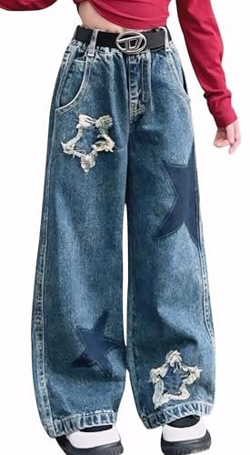 SEAUR Weite Jeans Mädchen Y2K Jeanshose Baggy Denim Jean Hose mit Gummibund Sternenmuster Jeans für Kinder - 150(EU 140-146) von SEAUR