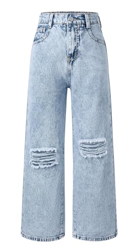 SEAUR Weite Jeans Mädchen Zerrissene Y2K Jeanshosen mit Gummibund Baggy Denim Jean Hose - 130(EU 128) von SEAUR
