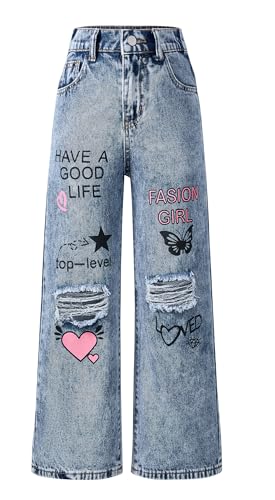 SEAUR Weite Jeans Mädchen Zerrissene Y2K Jeanshosen mit Gummibund Baggy Denim Jean Hose Muster - 160(EU 158) von SEAUR