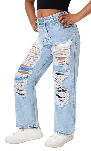 SEAUR Weite Jeans Mädchen Zerrissene Y2K Jeanshosen mit Gummibund Baggy Denim Jean Hose Straight - 130(EU 128) von SEAUR