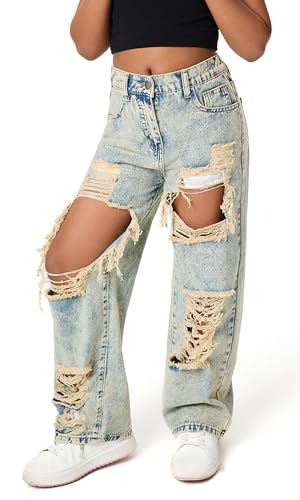 SEAUR Weite Jeans Mädchen Zerrissene Y2K Jeanshosen mit Gummibund Baggy Denim Jean Hose Straight - 160(EU 158) von SEAUR