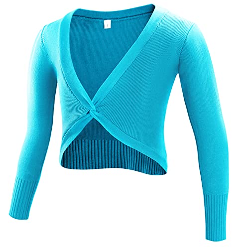 SEAUR Wickeljacke Mädchen Tanz Ballettjacke Langarm Strickjacke Ballett Gymnastik Yoga Bolero Tanzpullover Top - A Pfauenblau - 3XL von SEAUR