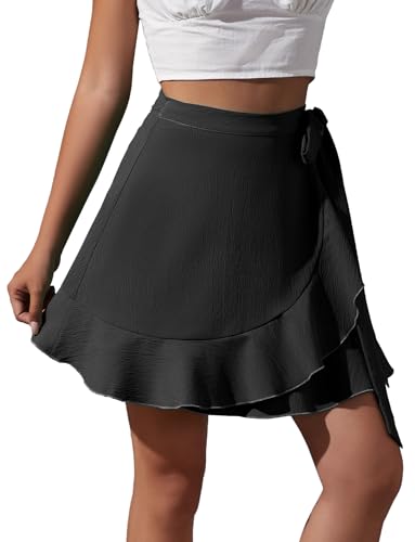 SEAUR Wickelrock Damen Kurz Sommer Minirock Elegant Hohe Taille Gekräuselter Rock L Schwarz von SEAUR