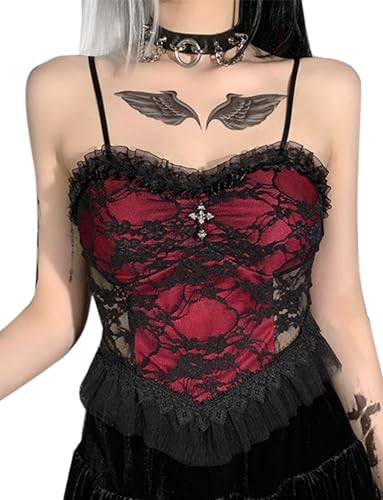 SEAUR Y2k Grunge Top Damen Spitze Gothic Crop Tank Top Cami Bauchfreies Oberteil Spaghetti V Ausschnitt Streetwear Club Party Emo Outfit - M von SEAUR