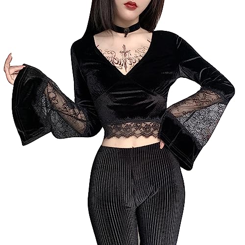 SEAUR Y2k Grunge Top Damen Spitze V Ausschnitt Crop Tank Top Samt Gothic Bauchfrei Oberteil Langarm Club Party Streetwear Emo Outfit - S von SEAUR