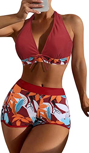 SEAUR Zweiteiliger Badeanzug Damen Bikini Set Blumenmuster Badeshorts mit Oberteil Bikini Top Two Piece Swimsuit Sommer Schwimmbad Pool Strand Bademode mit Swim Shorts - M von SEAUR
