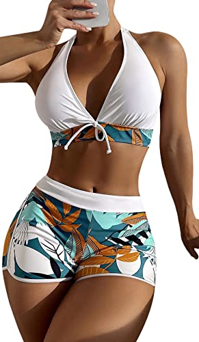 SEAUR Zweiteiliger Badeanzug Damen Bikini Set Blumenmuster Badeshorts mit Oberteil Bikini Top Two Piece Swimsuit Sommer Schwimmbad Pool Strand Bademode mit Swim Shorts - XL von SEAUR