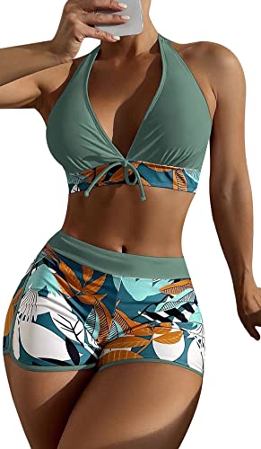 SEAUR Zweiteiliger Badeanzug Damen Bikini Set Blumenmuster Badeshorts mit Oberteil Bikini Top Two Piece Swimsuit Sommer Schwimmbad Pool Strand Bademode mit Swim Shorts - XL von SEAUR