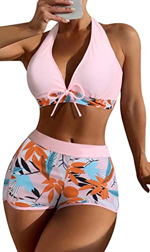 SEAUR Zweiteiliger Badeanzug Damen Bikini Set Blumenmuster Badeshorts mit Oberteil Bikini Top Two Piece Swimsuit Sommer Schwimmbad Pool Strand Bademode mit Swim Shorts - XL von SEAUR