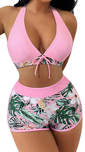SEAUR Zweiteiliger Badeanzug Damen Bikini Set Blumenmuster Badeshorts mit Oberteil Bikini Top Two Piece Swimsuit Sommer Schwimmbad Pool Strand Bademode mit Swim Shorts - XL von SEAUR