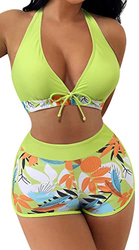 SEAUR Zweiteiliger Badeanzug Damen Bikini Set Blumenmuster Badeshorts mit Oberteil Bikini Top Two Piece Swimsuit Sommer Schwimmbad Pool Strand Bademode mit Swim Shorts - XL von SEAUR