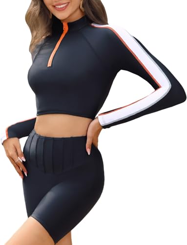 SEAUR Zweiteiliger Badeanzug Damen Langarm Reißverschluss Rash Guard UV Schutz Crop Langarmshirt Badeshorts Set Slim Fit Schwimmanzug Sonnenschutz Bademode - XL von SEAUR