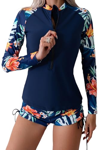SEAUR Zweiteiliger Reißverschluss Rash Guard Badeanzug für Frauen UPF 50+ langärmelige Florale Surf-Bademode mit Boyshorts-Hose von SEAUR