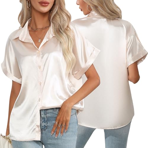 Satin Bluse V-Ausschnitt Causal Satinblusen Lässige Seidenbluse Oberteil Tops Kurzarm Shirts Tunika Hemd 2XL von SEAUR