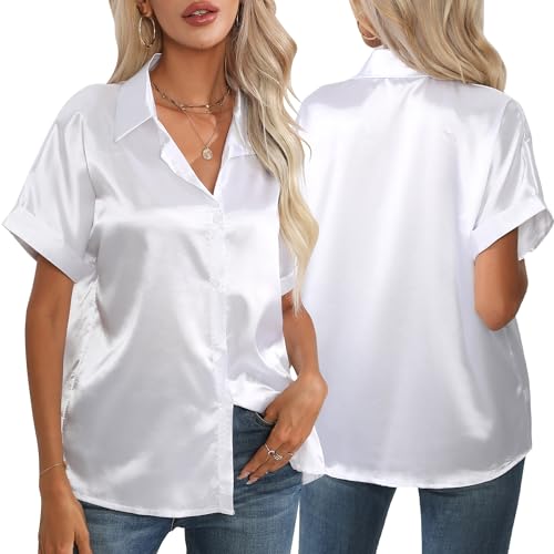 Satin Bluse V-Ausschnitt Causal Satinblusen Lässige Seidenbluse Oberteil Tops Kurzarm Shirts Tunika Hemd 2XL von SEAUR