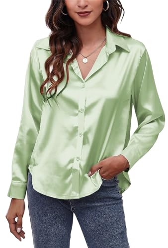 Seidenblusen für Damen Langarm Elegant Bluse Satin Büro Causal Tops Langarm 2XL von SEAUR
