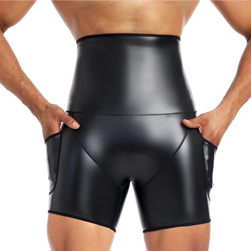 Slim Fit Hot Short Pants Wetlook Bauchweg Sport Funktionsunterwäsche Bauchkontrolle Unterhose Männer Pu Leder Taschen L von SEAUR