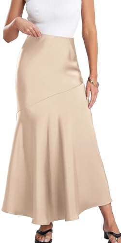 Sommer Midi Business Rock Hohe Taille Elastische Flare Röcke Figurbetonter Rock Elegant A-Linie Täglich Skirt Damen Leicht Und Luftig Lässig Satin Rock Champagner S von SEAUR