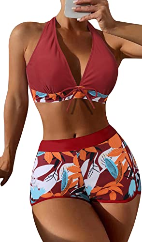 Zweiteiliger Badeanzug Damen Bikini Set Blumenmuster Swim Shorts Bademode mit Oberteile Push Up Bikini Top M von SEAUR