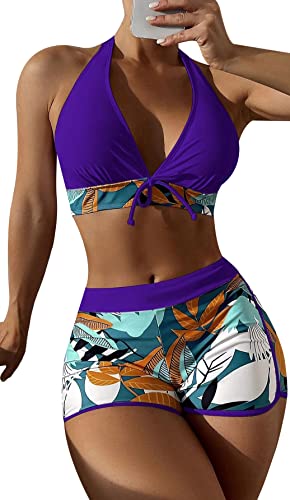 Zweiteiliger Badeanzug Damen Bikini Set Blumenmuster Swim Shorts Bademode mit Oberteile Push Up Bikini Top M von SEAUR