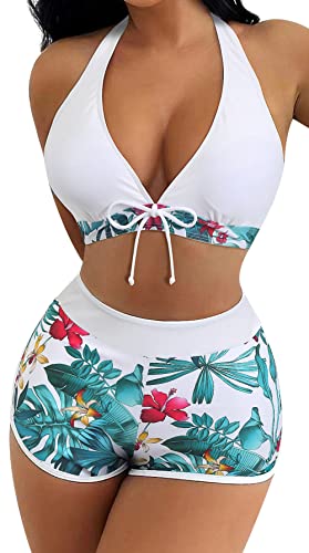 Zweiteiliger Badeanzug Damen Bikini Set Blumenmuster Swim Shorts Bademode mit Oberteile Push Up Bikini Top M von SEAUR