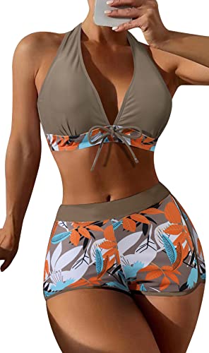 Zweiteiliger Badeanzug Damen Bikini Set Blumenmuster Swim Shorts Bademode mit Oberteile Push Up Bikini Top XL von SEAUR