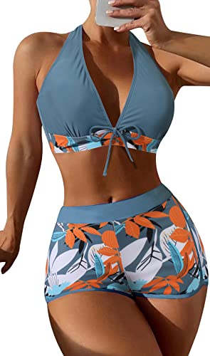 Zweiteiliger Badeanzug Damen Bikini Set Blumenmuster Swim Shorts Bademode mit Oberteile Push Up Bikini Top XL von SEAUR