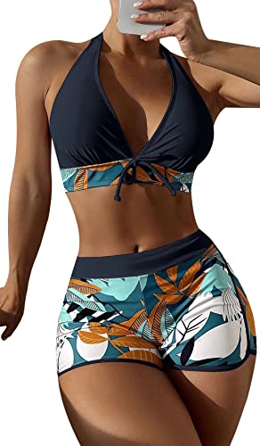 Zweiteiliger Badeanzug Damen Bikini Set Blumenmuster Swim Shorts Bademode mit Oberteile Push Up Bikini Top XL von SEAUR