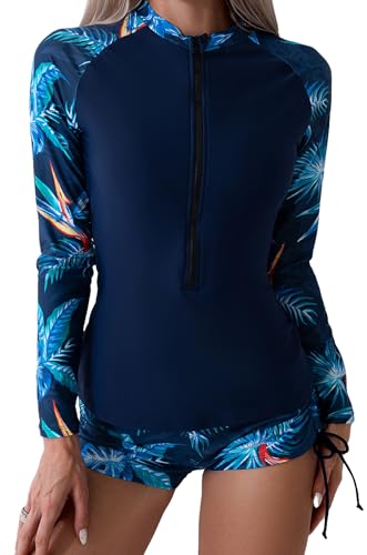 Zweiteiliger Rash Guard Badeanzug für Frauen Langarm UV-Schutz Reißverschluss Front Surfen Bademode Shirts mit Boyshorts von SEAUR