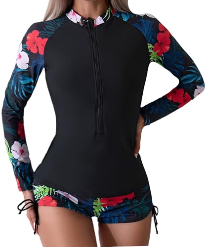 Zweiteiliger Rash Guard Badeanzug für Frauen Langarm UV-Schutz Reißverschluss Front Surfen Bademode Shirts mit Boyshorts von SEAUR