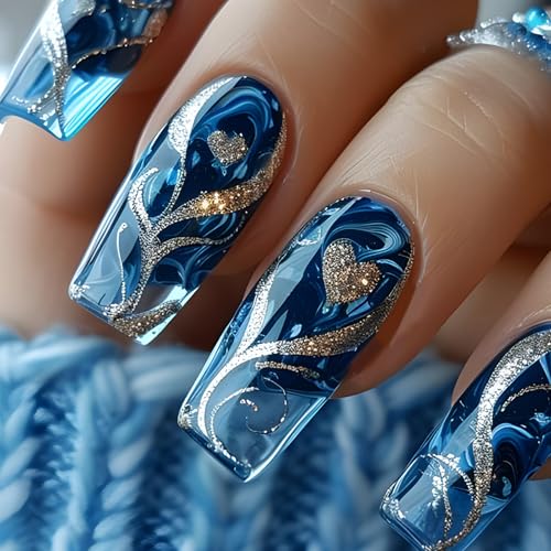 24pcs Stick Auf Nägeln Gold Glitzer Herz Blau Quadrat Falsch Full Covers Kunst Leicht Zu Aufträgen Um Frauen Und Mädchen Vollverzögerungsnagel Tipps Aufzutragen von SEAYACK