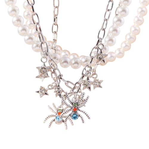 SEAYACK Mehrschichtige Choker-Kette, Doppelperlen-Halskette, Schmuck, Fledermaus-Stern-Anhänger, Choker, Perlen-Gliederkette von SEAYACK