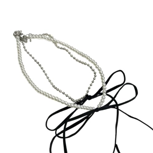 SEAYACK Süße Schleifen-Perlen-Halskette für Damen, elegantes Band, Schlüsselbein-Kette, koreanischer verstellbarer Choker-Schmuck von SEAYACK
