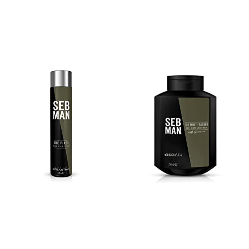 SEB MAN THE FIXER – Fixierspray mit 24h Feuchtigkeits-Schutz und starkem Halt – remodellierbarer Haarlack für flexible Styles – 200ml & THE MULTITASKER – 3-in-1 Shampoo, Bartshampoo & Duschgel – 250ml von SEB MAN
