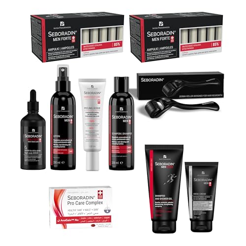 SEBORADIN Maria Black Set PRO für Herren - Ampullen - Dermaroller - Anti-Haarausfall Nacht Kopfhaut Serum - Shampoo 200 ml - Haarlotion 200 ml - Peeling - Creme 50 ml - Duschgel 2in1 - Vitamin von SEBORADIN