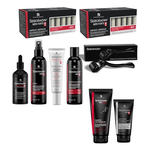SEBORADIN Maria Black Set für Herren - Ampullen - Dermaroller - Anti-Haarausfall Nacht Kopfhaut Serum - Shampoo 200 ml - Haarlotion 200 ml - Peeling - Gesichtscreme 50 ml - Duschgel 2in1 von SEBORADIN