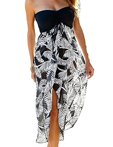 LRUD Damen Bohemian Blumendruck Schulterfrei Knielang Strandkleid Schwarz Weiß Sommerkleid Frauen Bademode, S, Schwarz-weiß von SEBOWEL