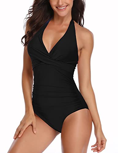 SEBOWEL Badeanzug Damen Raffung V Ausschnitt Monokinis Bauchweg Einteilige Bademode Swimsuit(Schwarz, L) von SEBOWEL