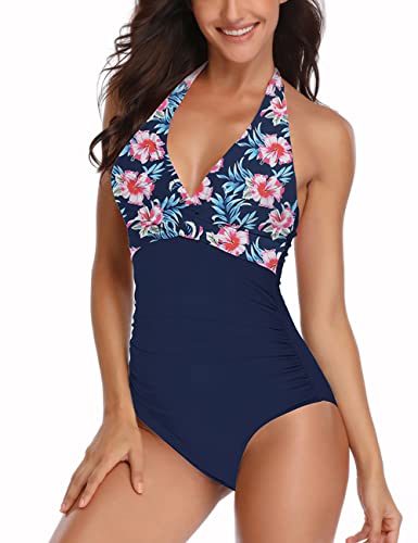 SEBOWEL Badeanzug Damen Raffung V Ausschnitt Monokinis Bauchweg Einteilige Bademode Swimsuit Blau Blumen XL von SEBOWEL