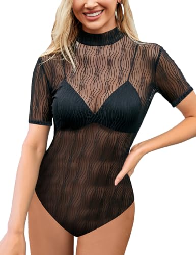 SEBOWEL Body Damen Elegant Kurzarm Body Top Sheer Mesh Bodysuit Bluse Tops Schwarz S von SEBOWEL