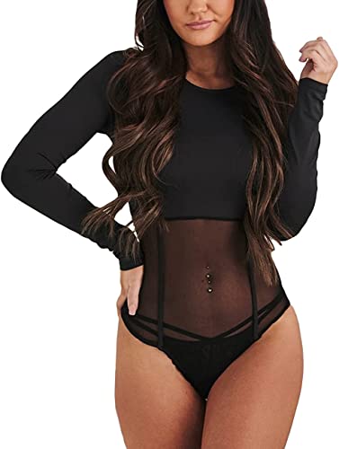 SEBOWEL Body Damen Langarm Bodys für Damen Schwarz Bodys Mesh Bodysuit Tops Schwarz XXL von SEBOWEL