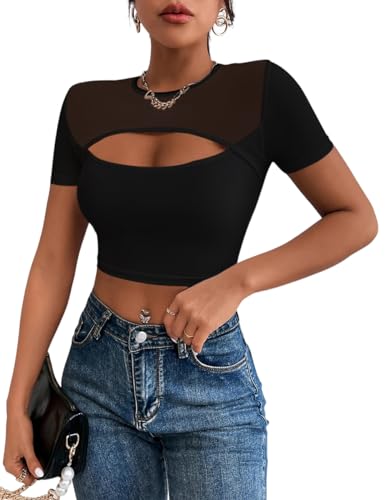 SEBOWEL Crop Tops Damen Sexy Y2k Top Shirt Mesh Oberteil für Festival Outfits Schwarz XXL von SEBOWEL