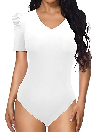SEBOWEL Damen Body Kurzarm Bodysuit Elegant V-Ausschnitt Weiß Body für Damen Weiß XL von SEBOWEL