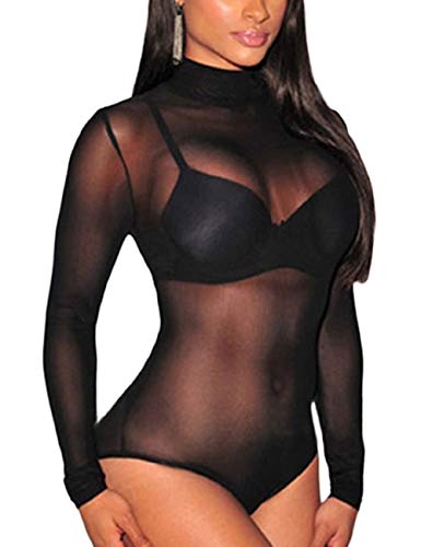 SEBOWEL Damen Body Sexy Bodysuit Transparent Mesh Langarm Bodysuit Tops(XL, Schwarz) von SEBOWEL