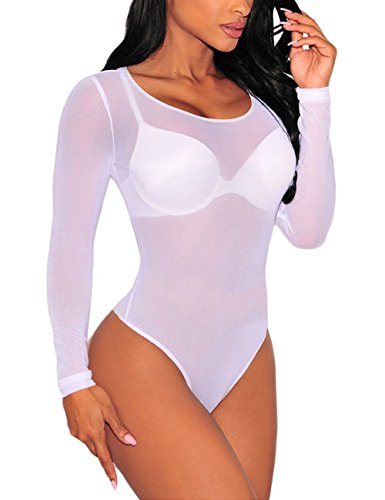 SEBOWEL Damen Body Sexy Transparent Mesh Langarm Bodysuit Tops Weiß L von SEBOWEL