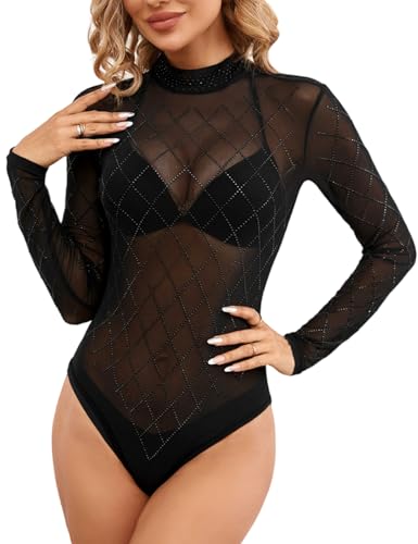 SEBOWEL Damen Bodys Langarm Mesh Bodysuit Durchsichtiger Sexy Body Top Clubwear Schwarz M von SEBOWEL