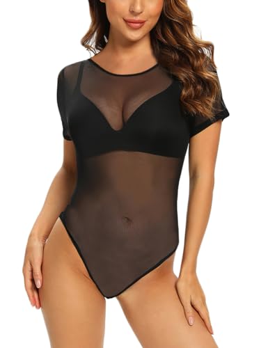 SEBOWEL Damen Bodys Sexy Bodysuit Transparent Mesh Kurzarm Bodysuit Tops Schwarz XL von SEBOWEL