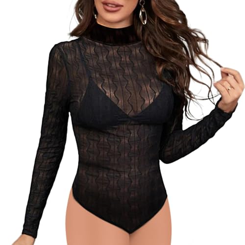 SEBOWEL Damen Bodys Sexy Transparent Mesh Langarm Leotard Bodysuit Body Tops Schwarz XL von SEBOWEL