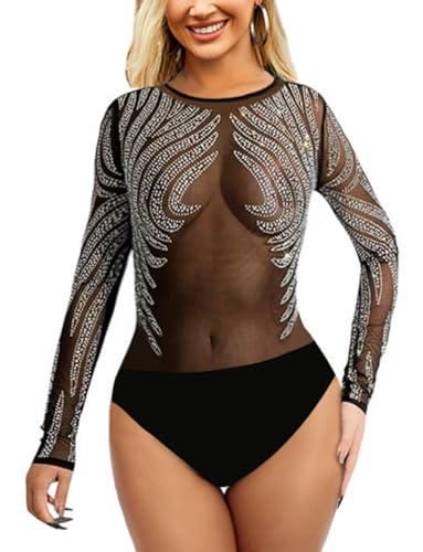 SEBOWEL Damen Bodysuit Sexy Strass Mesh Body See Through Bodysuit Body Tops Schwarz M von SEBOWEL