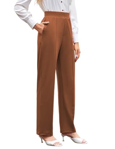 SEBOWEL Damen Freizeithose Lang Elegant High Waist Weite Hosen Businesswear mit Taschen Braun XL von SEBOWEL